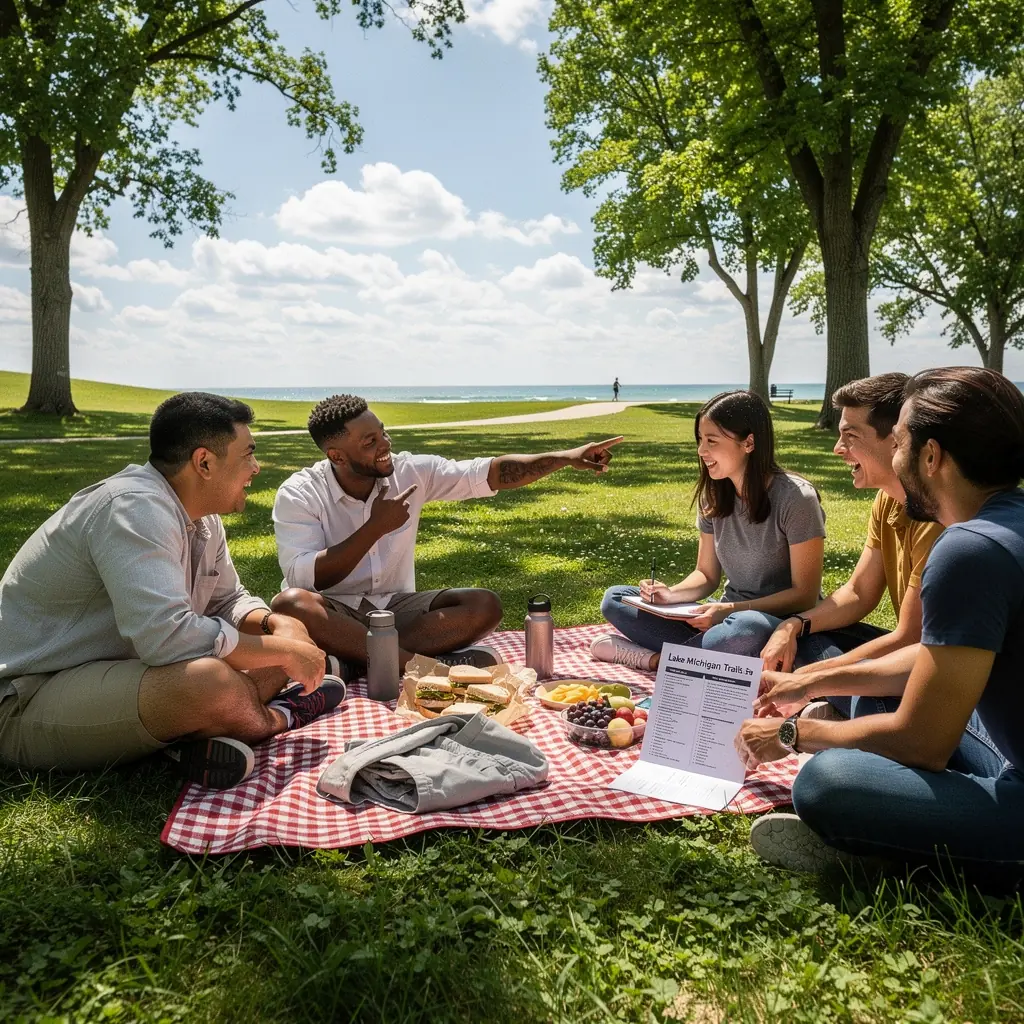 Фото красивого заката над озером с туристами на берегу